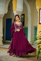 Prazu Fashion Wine Faux Georgette With Beads Embroidery-Work Gown With Dupatta - Distacart