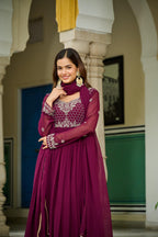Prazu Fashion Wine Faux Georgette With Beads Embroidery-Work Gown With Dupatta - Distacart