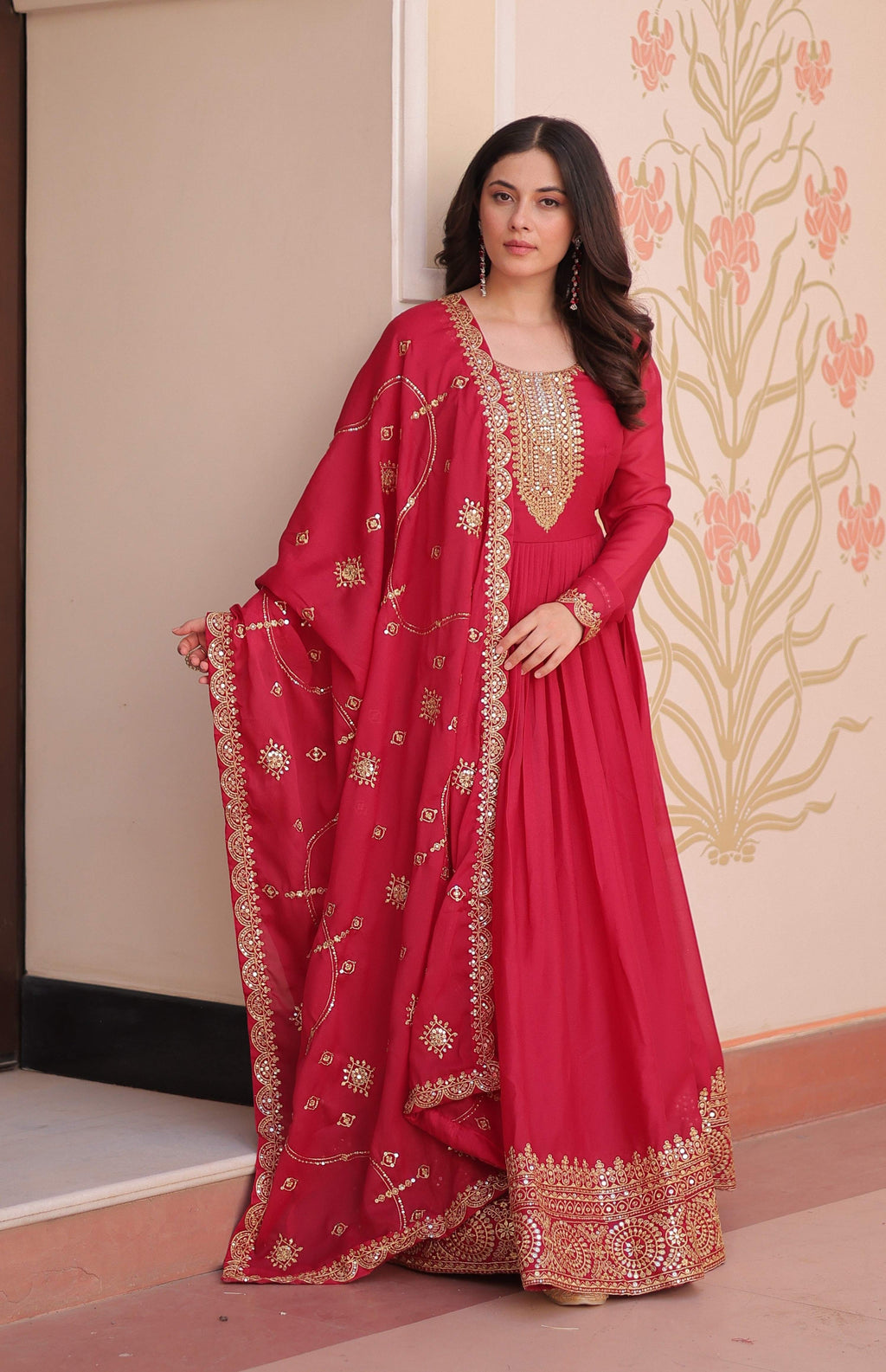 Vedant Vastram Georgette Embroidery & Sequence Work Stitched Ethnic Gown-Pink - Distacart