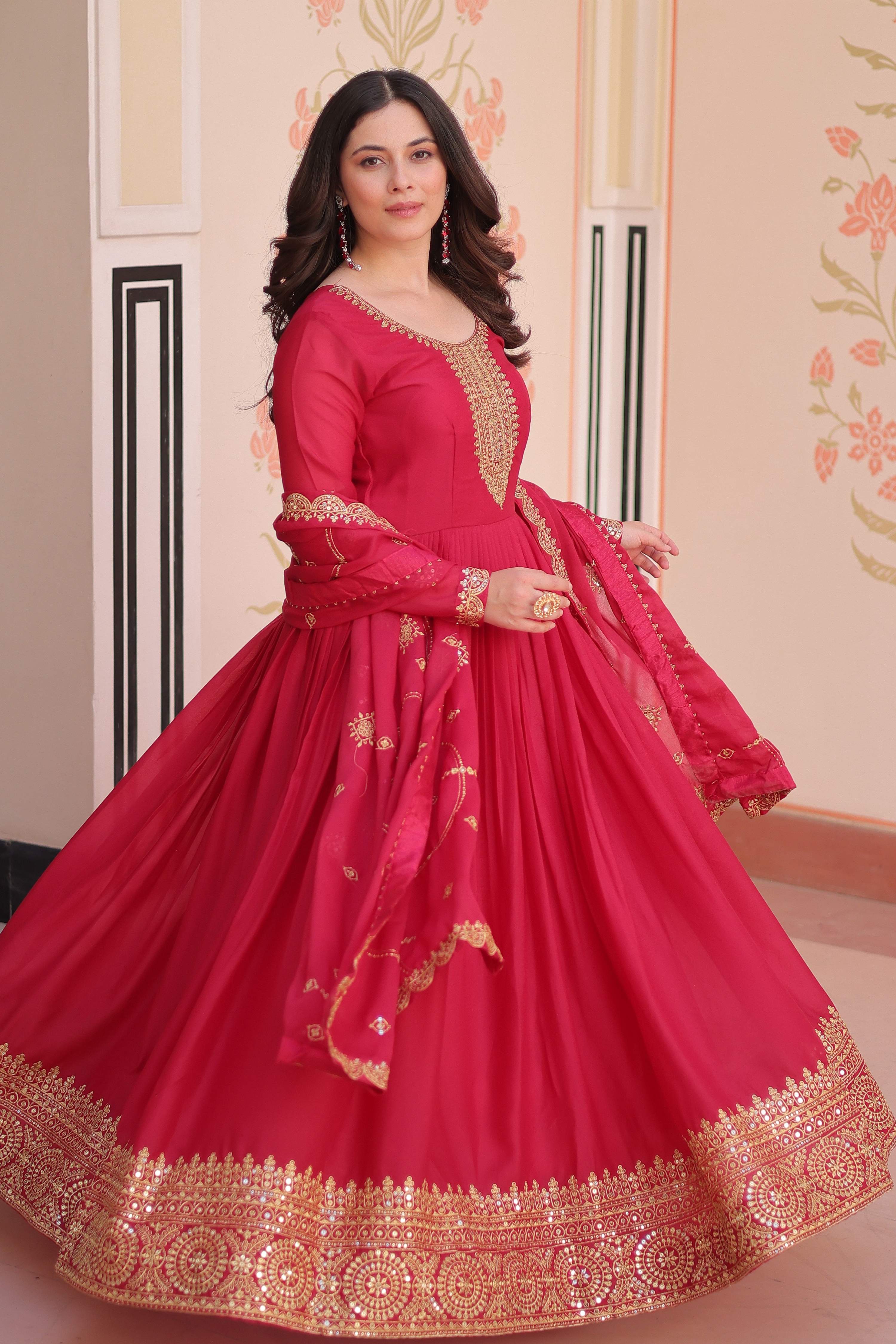 Vedant Vastram Georgette Embroidery & Sequence Work Stitched Ethnic Gown-Pink - Distacart