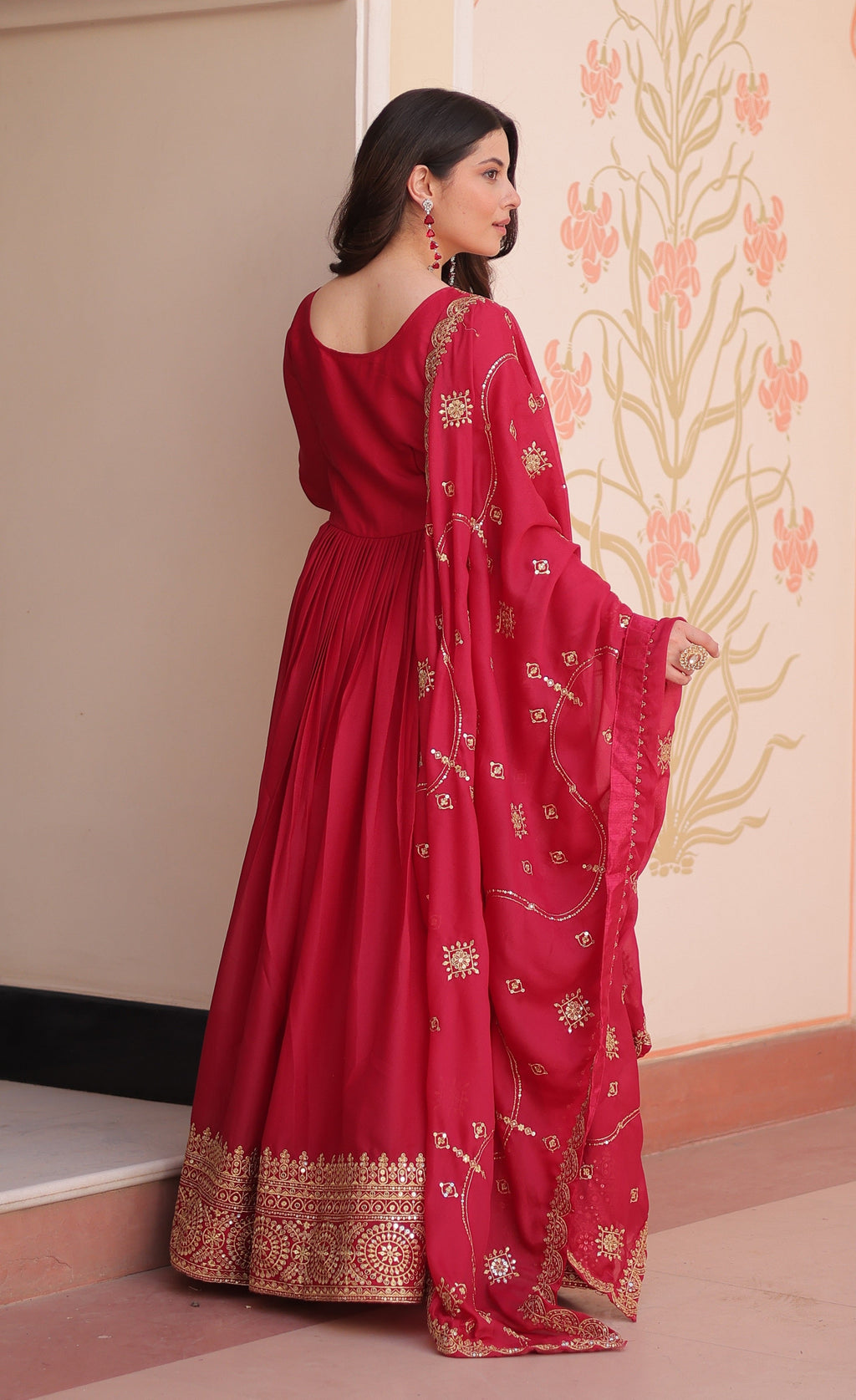 Vedant Vastram Georgette Embroidery & Sequence Work Stitched Ethnic Gown-Pink - Distacart