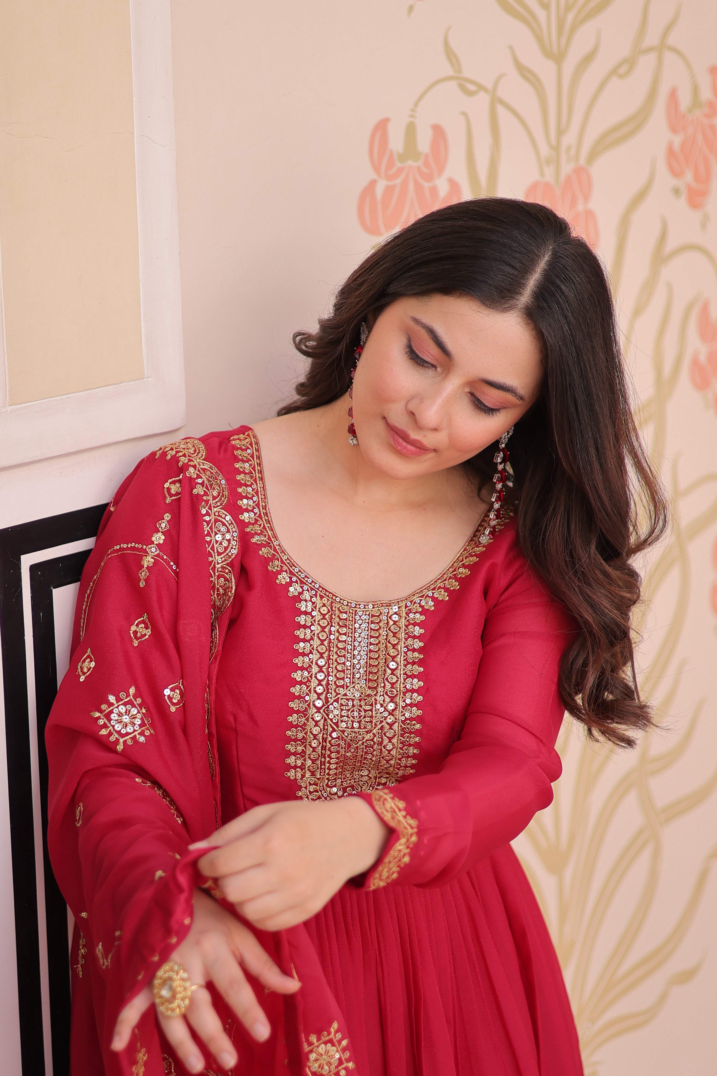 Vedant Vastram Georgette Embroidery & Sequence Work Stitched Ethnic Gown-Pink - Distacart