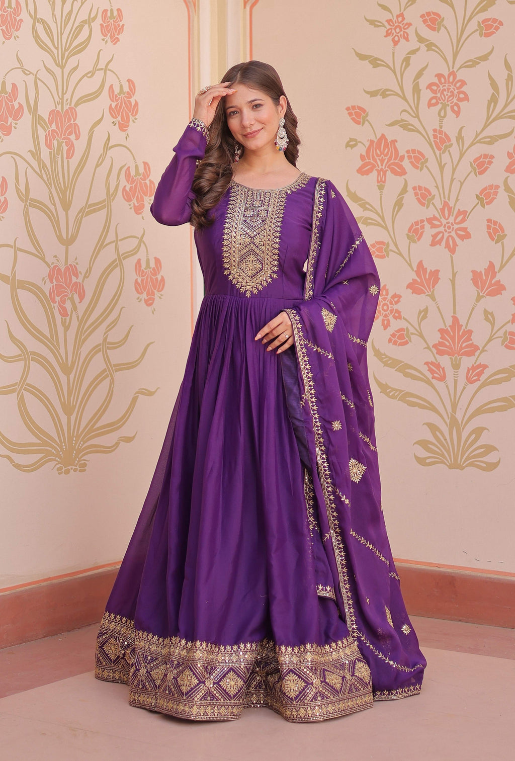 Vedant Vastram Georgette Embroidery & Sequence Work Stitched Ethnic Gown-Purple - Distacart