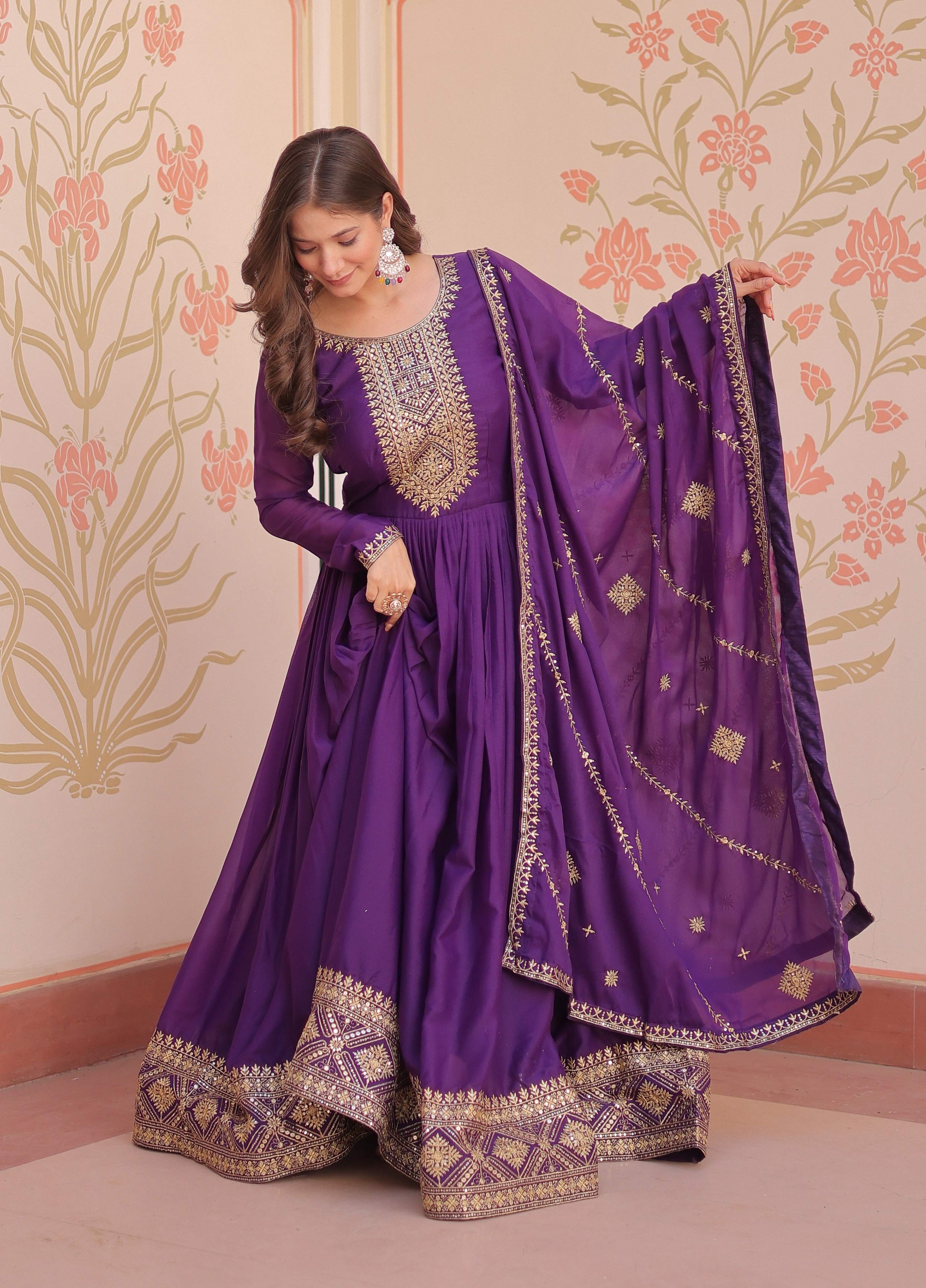 Vedant Vastram Georgette Embroidery & Sequence Work Stitched Ethnic Gown-Purple - Distacart