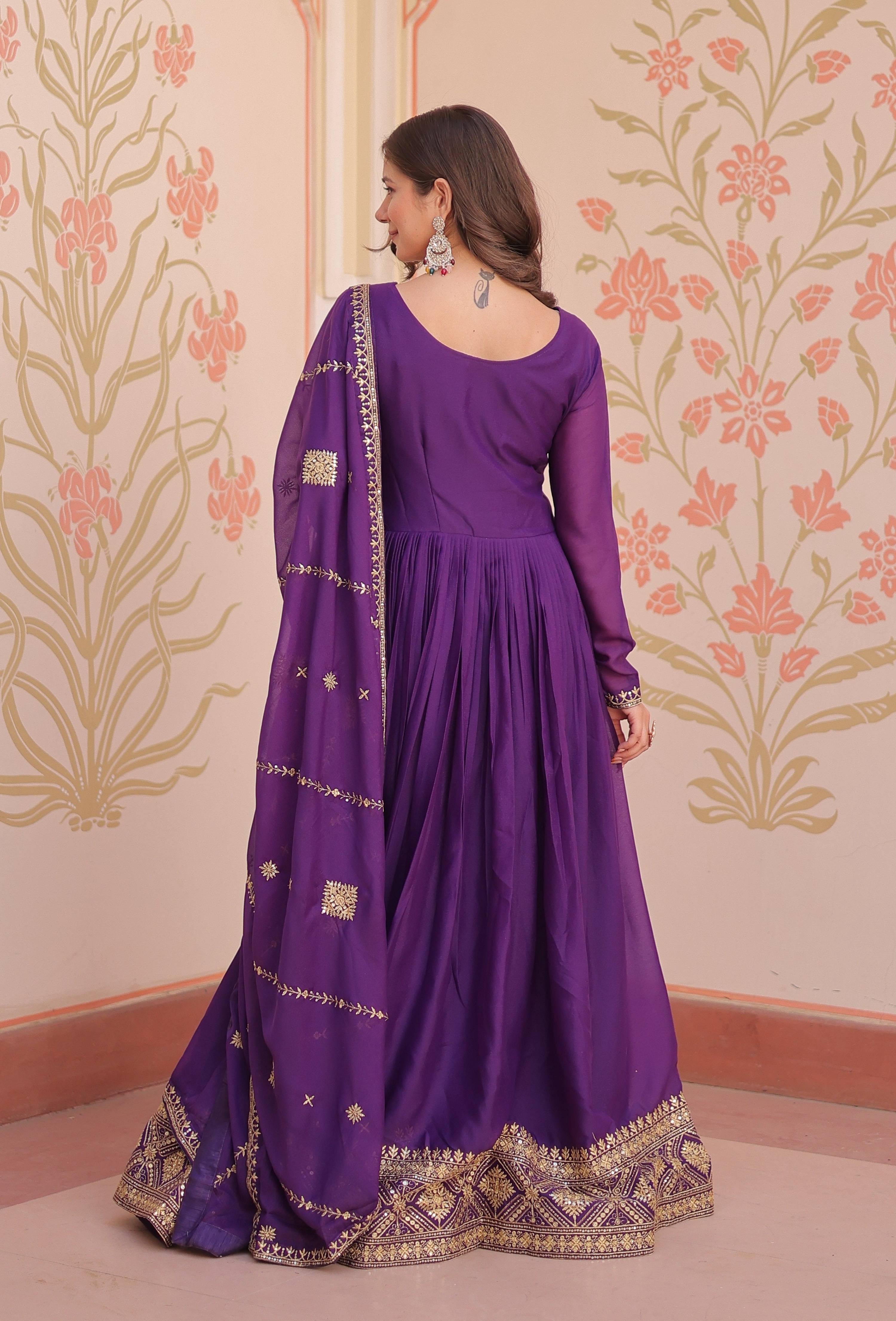 Vedant Vastram Georgette Embroidery & Sequence Work Stitched Ethnic Gown-Purple - Distacart