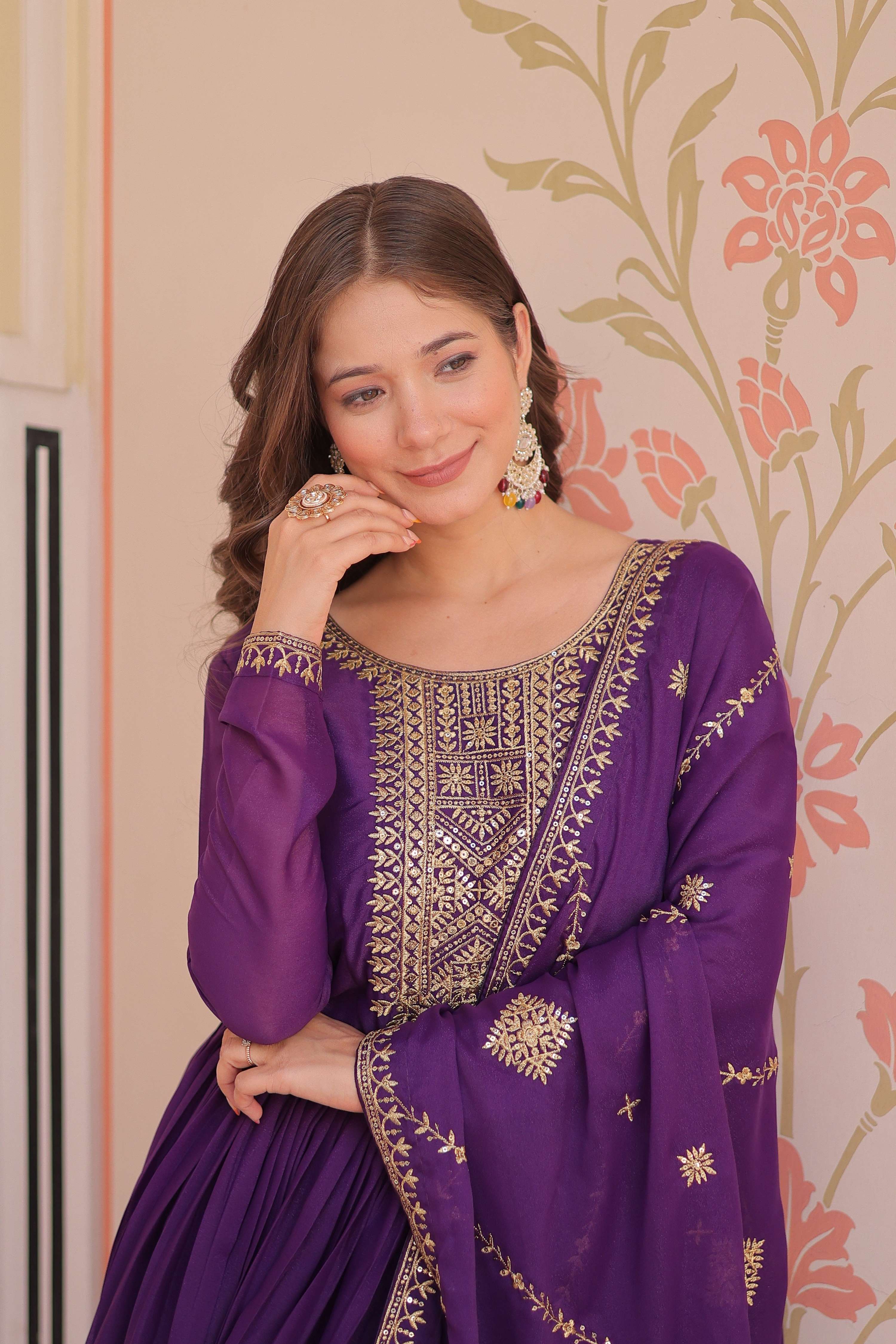 Vedant Vastram Georgette Embroidery & Sequence Work Stitched Ethnic Gown-Purple - Distacart