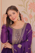 Vedant Vastram Georgette Embroidery & Sequence Work Stitched Ethnic Gown-Purple - Distacart