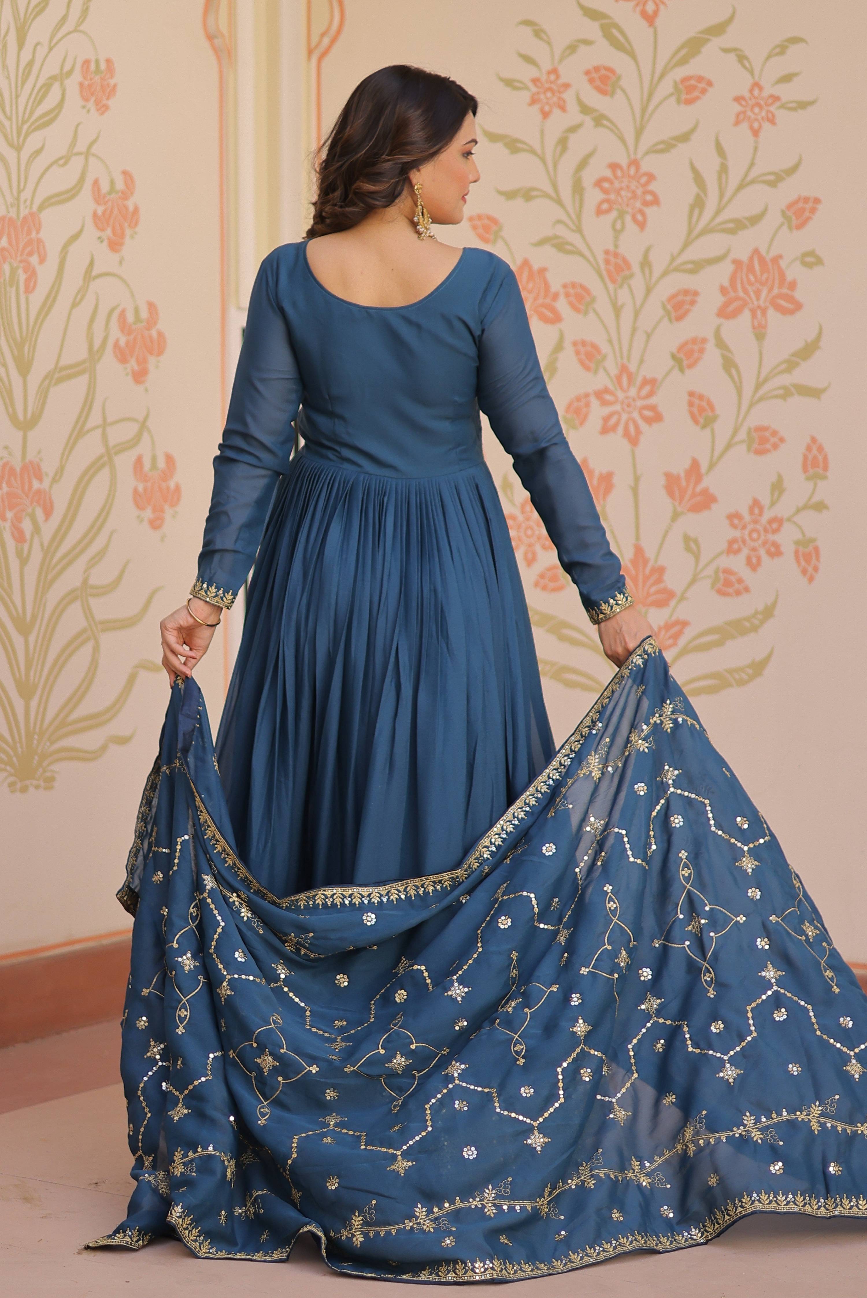 Vedant Vastram Georgette Embroidery & Sequence Work Stitched Ethnic Gown-Rama - Distacart