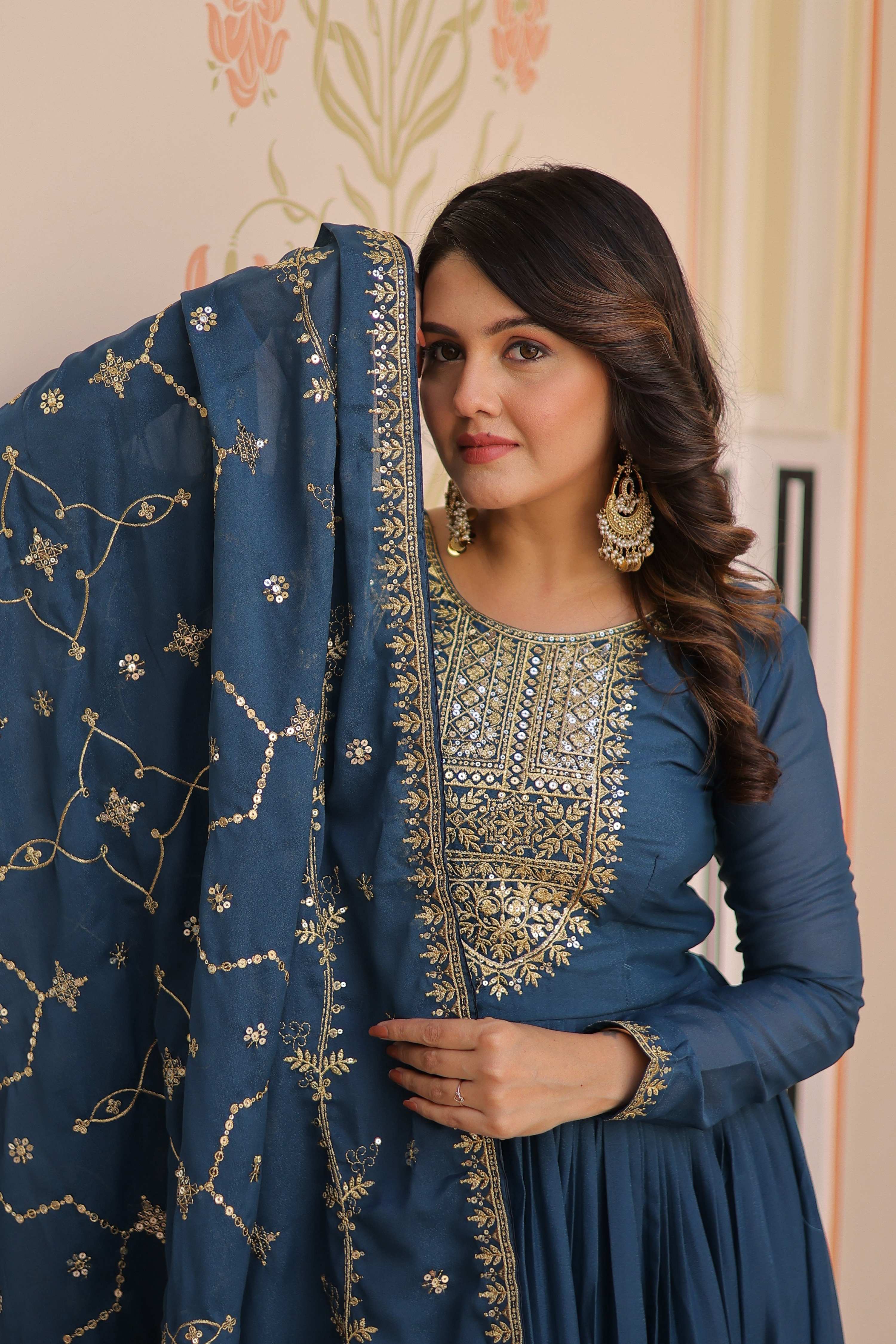 Vedant Vastram Georgette Embroidery & Sequence Work Stitched Ethnic Gown-Rama - Distacart