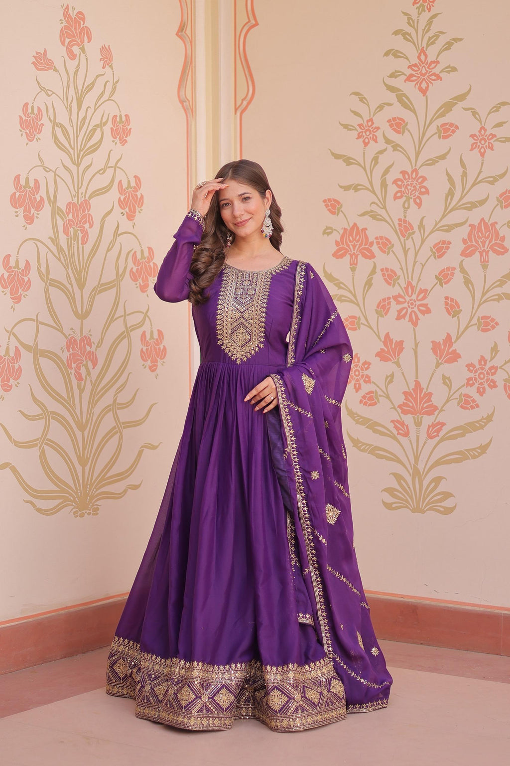 Prazu Fashion Purple Georgette With Zari & Sequins Embroidered Work Gown With Dupatta - Distacart