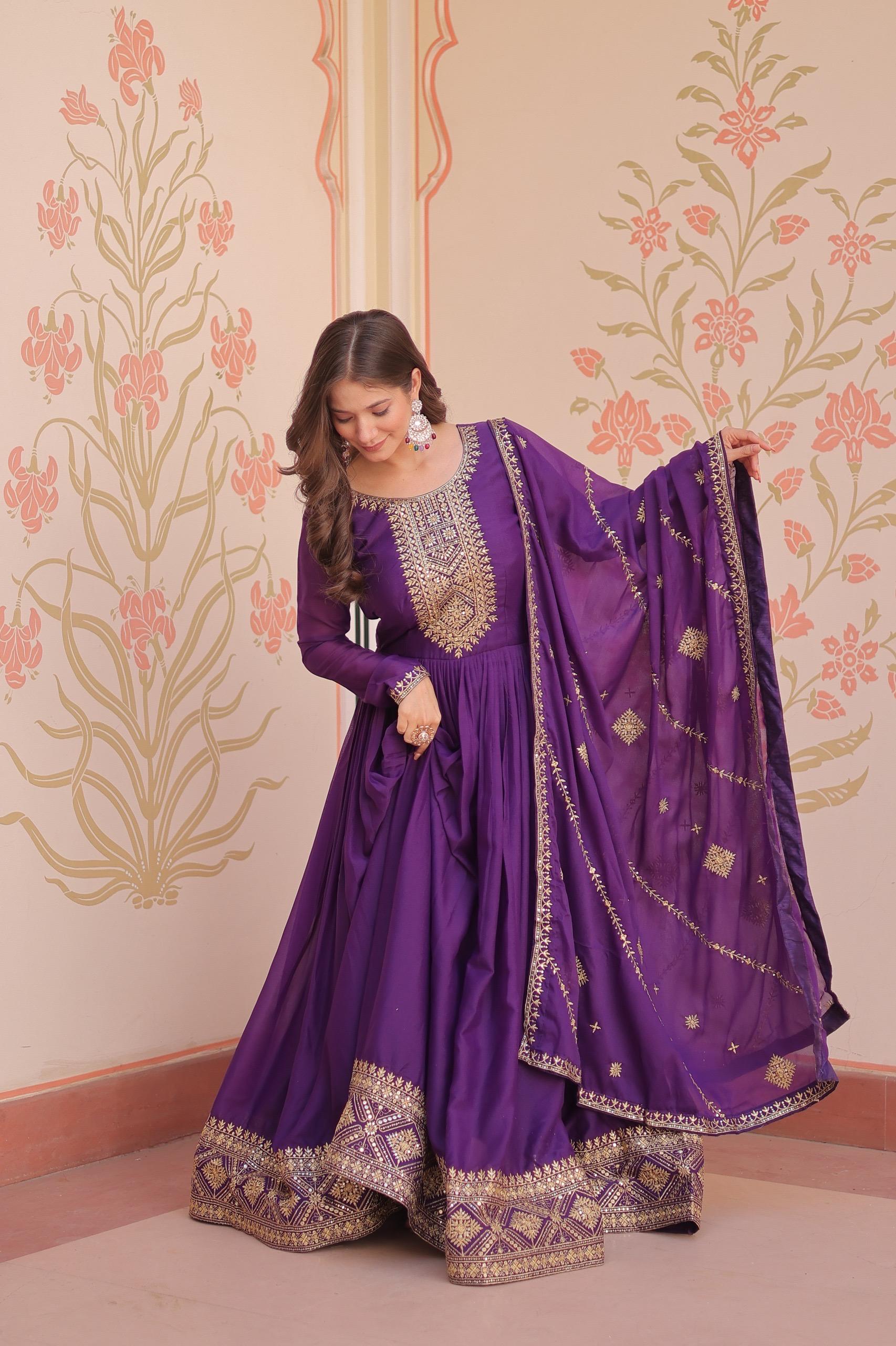 Prazu Fashion Purple Georgette With Zari & Sequins Embroidered Work Gown With Dupatta - Distacart