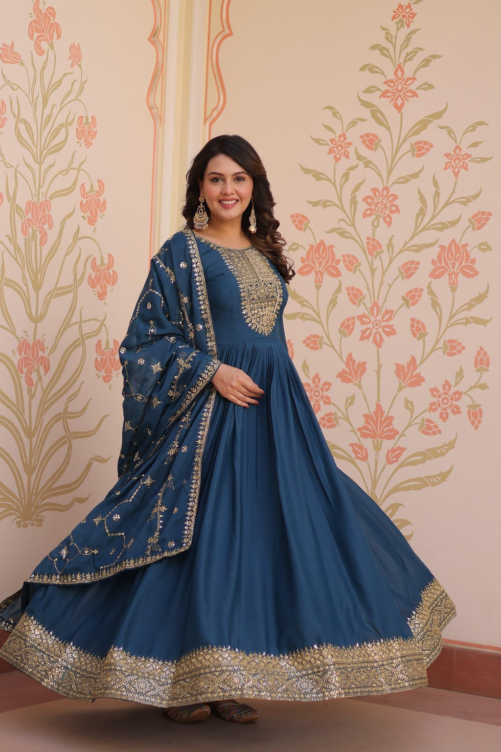 Prazu Fashion Rama Georgette With Zari & Sequins Embroidered Work Gown With Dupatta - Distacart