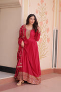 Prazu Fashion Rani Pink Georgette With Zari & Sequins Embroidered Work Gown With Dupatta - Distacart