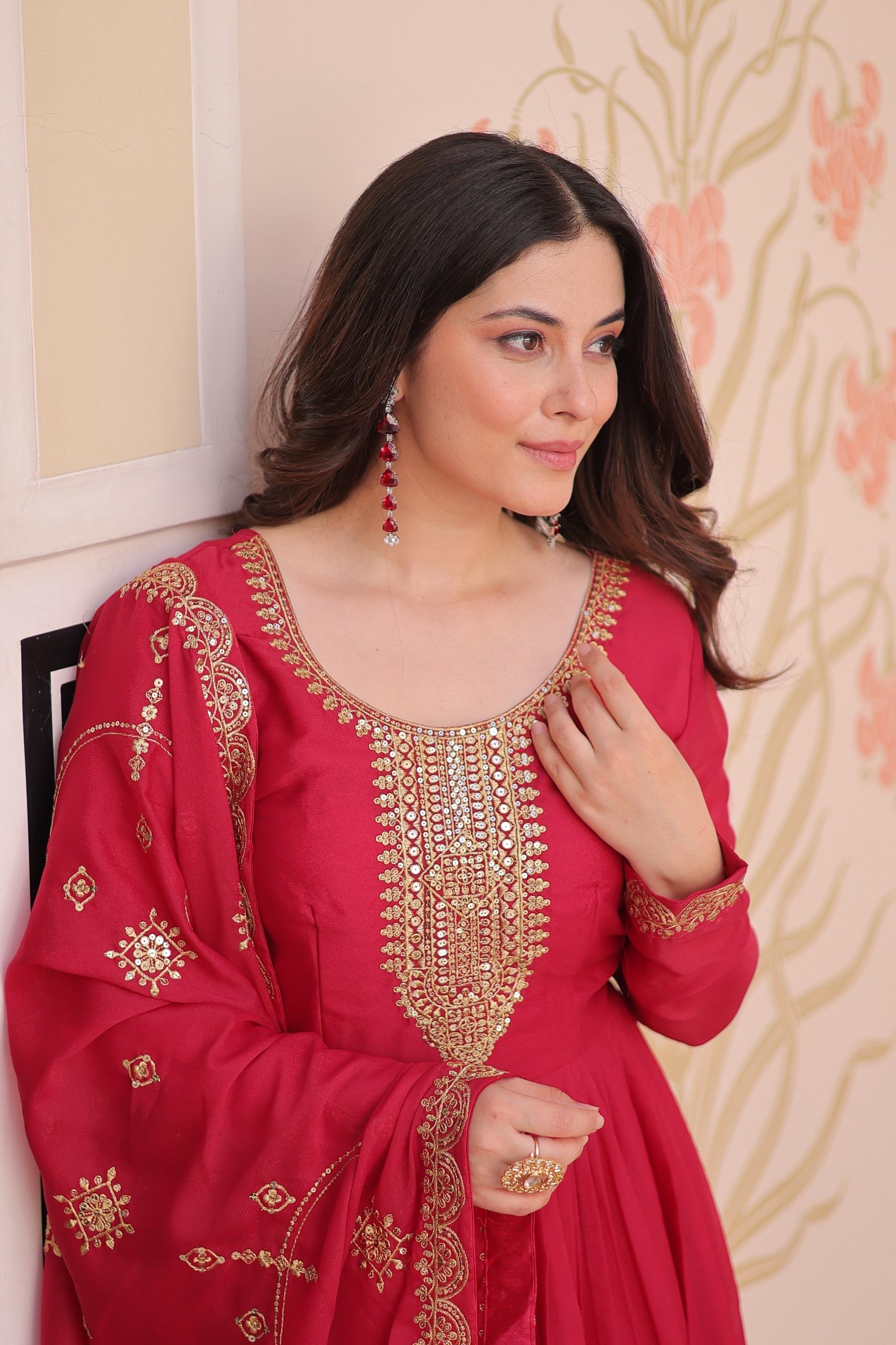 Prazu Fashion Rani Pink Georgette With Zari & Sequins Embroidered Work Gown With Dupatta - Distacart