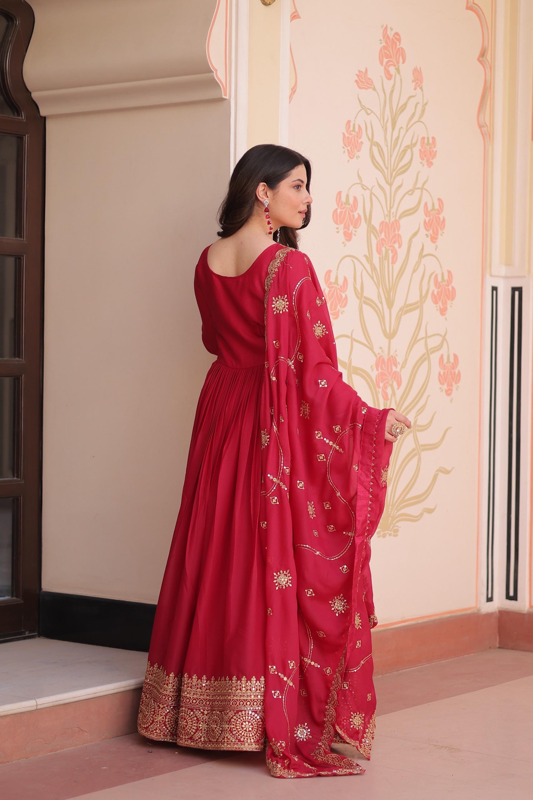 Prazu Fashion Rani Pink Georgette With Zari & Sequins Embroidered Work Gown With Dupatta - Distacart