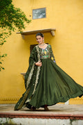 Prazu Fashion Mehendi Vichitra Silk Multi Thread & Embroidered Work Gown With Dupatta - Distacart