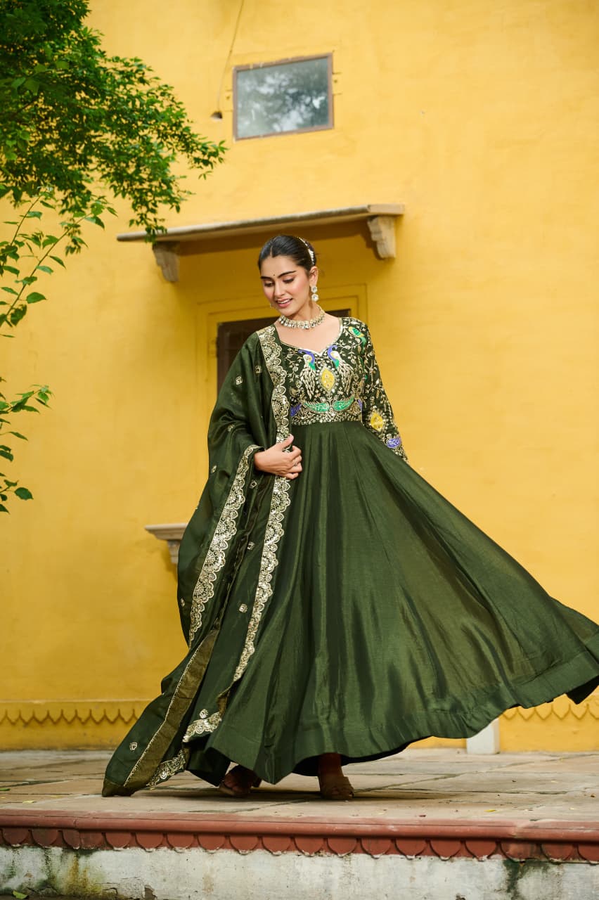 Prazu Fashion Mehendi Vichitra Silk Multi Thread & Embroidered Work Gown With Dupatta - Distacart