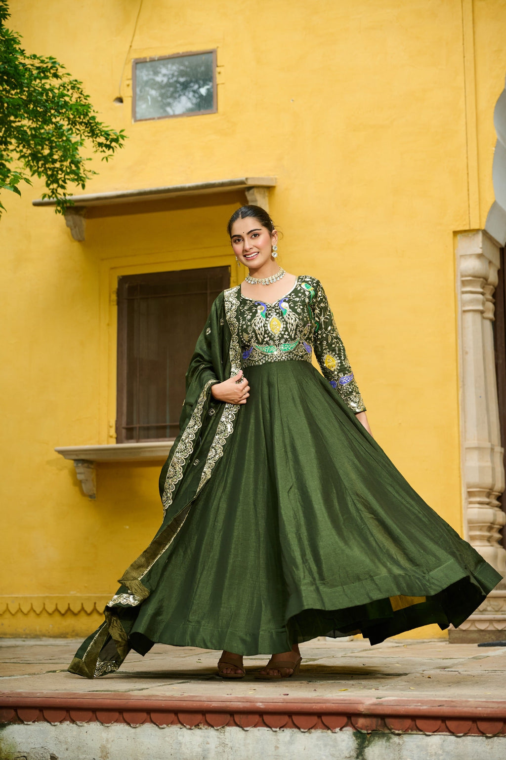 Prazu Fashion Mehendi Vichitra Silk Multi Thread & Embroidered Work Gown With Dupatta - Distacart