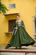 Prazu Fashion Mehendi Vichitra Silk Multi Thread & Embroidered Work Gown With Dupatta - Distacart