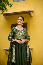 Prazu Fashion Mehendi Vichitra Silk Multi Thread & Embroidered Work Gown With Dupatta - Distacart