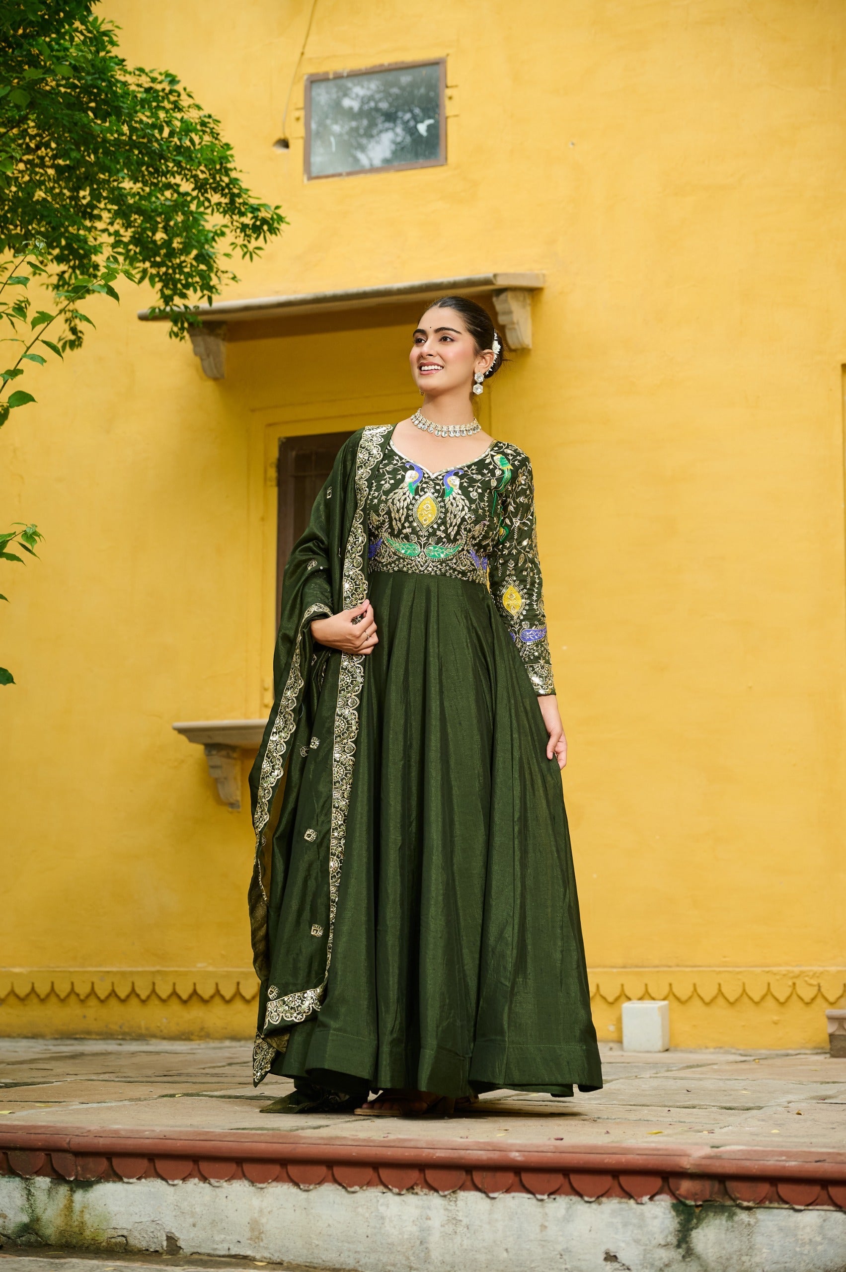 Prazu Fashion Mehendi Vichitra Silk Multi Thread & Embroidered Work Gown With Dupatta - Distacart