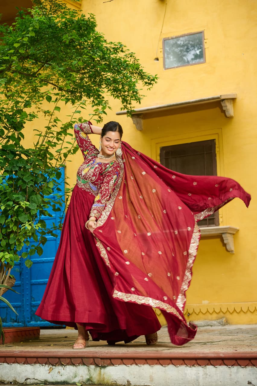 Prazu Fashion Maroon Vichitra Silk Multi Thread & Embroidered Work Gown With Dupatta - Distacart