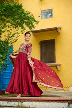 Prazu Fashion Maroon Vichitra Silk Multi Thread & Embroidered Work Gown With Dupatta - Distacart