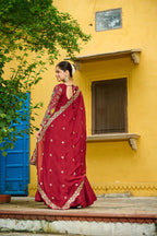 Prazu Fashion Maroon Vichitra Silk Multi Thread & Embroidered Work Gown With Dupatta - Distacart