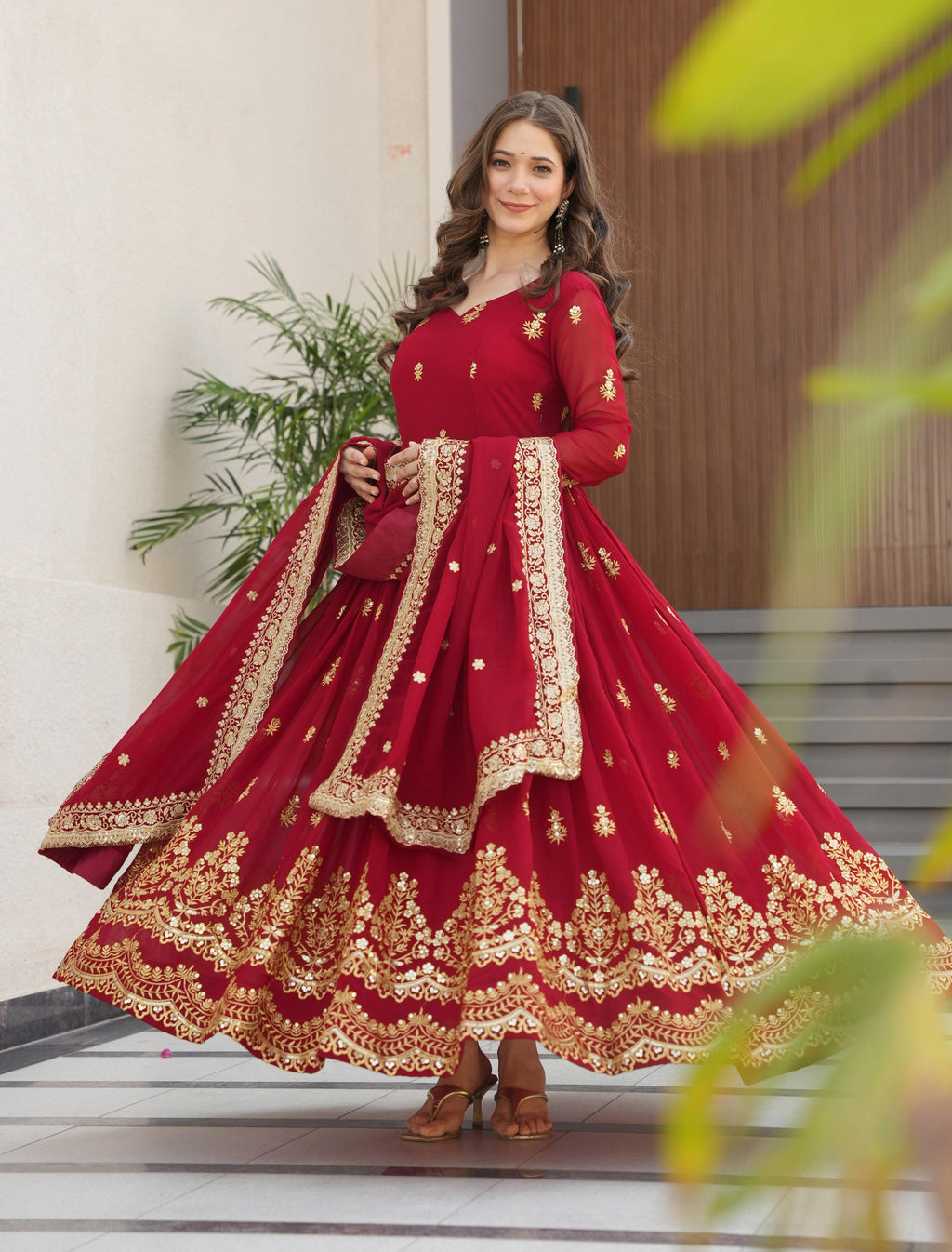 Vedant Vastram Georgette Embroidery & Sequence Work Stitched Ethnic Gown-Maroon - Distacart
