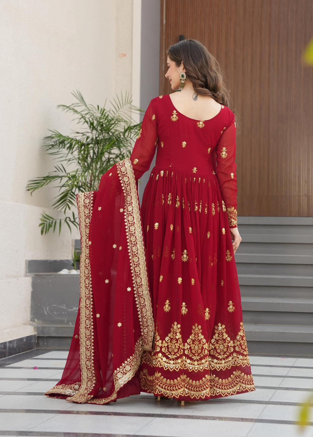 Vedant Vastram Georgette Embroidery & Sequence Work Stitched Ethnic Gown-Maroon - Distacart