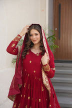 Vedant Vastram Georgette Embroidery & Sequence Work Stitched Ethnic Gown-Maroon - Distacart