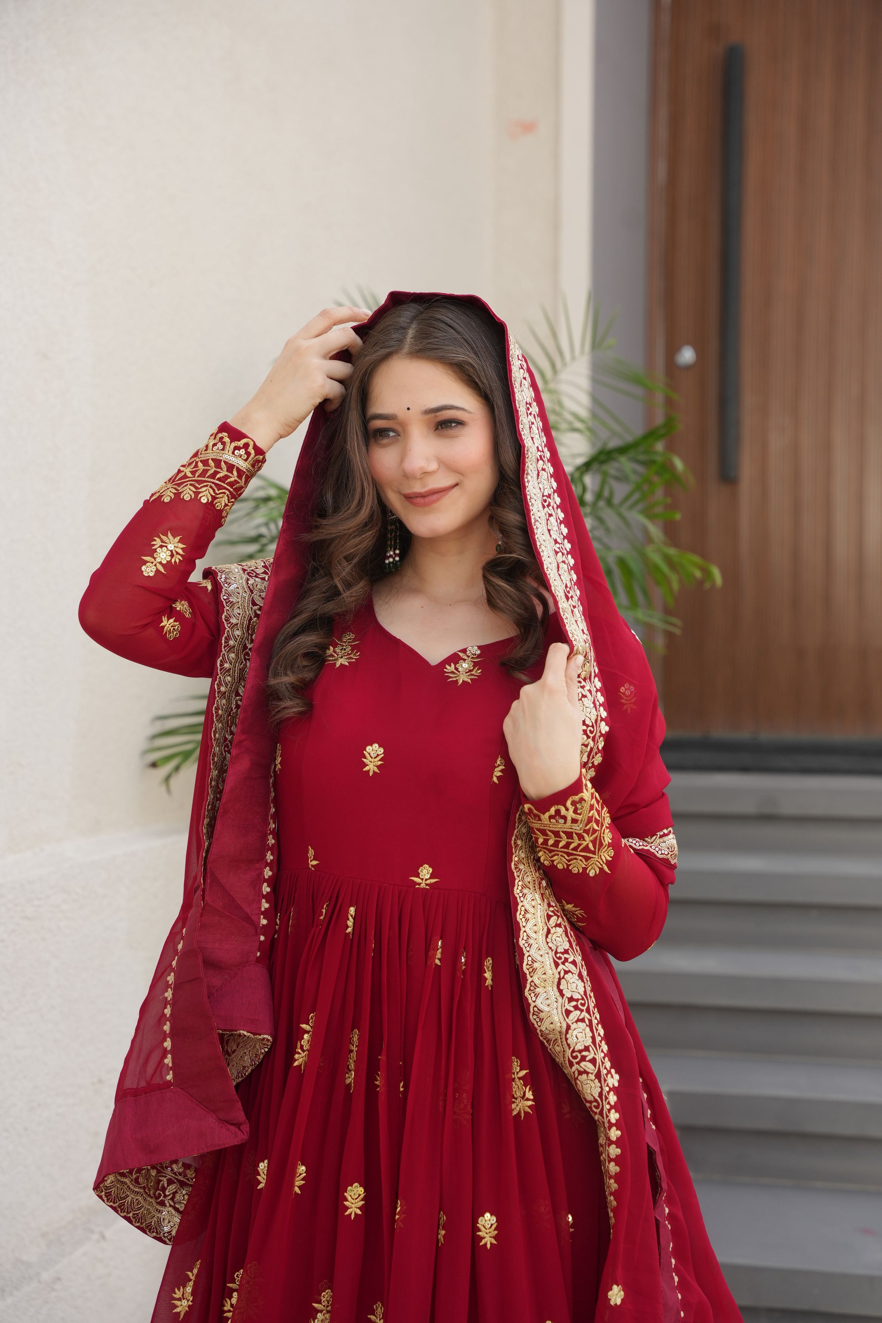 Vedant Vastram Georgette Embroidery & Sequence Work Stitched Ethnic Gown-Maroon - Distacart
