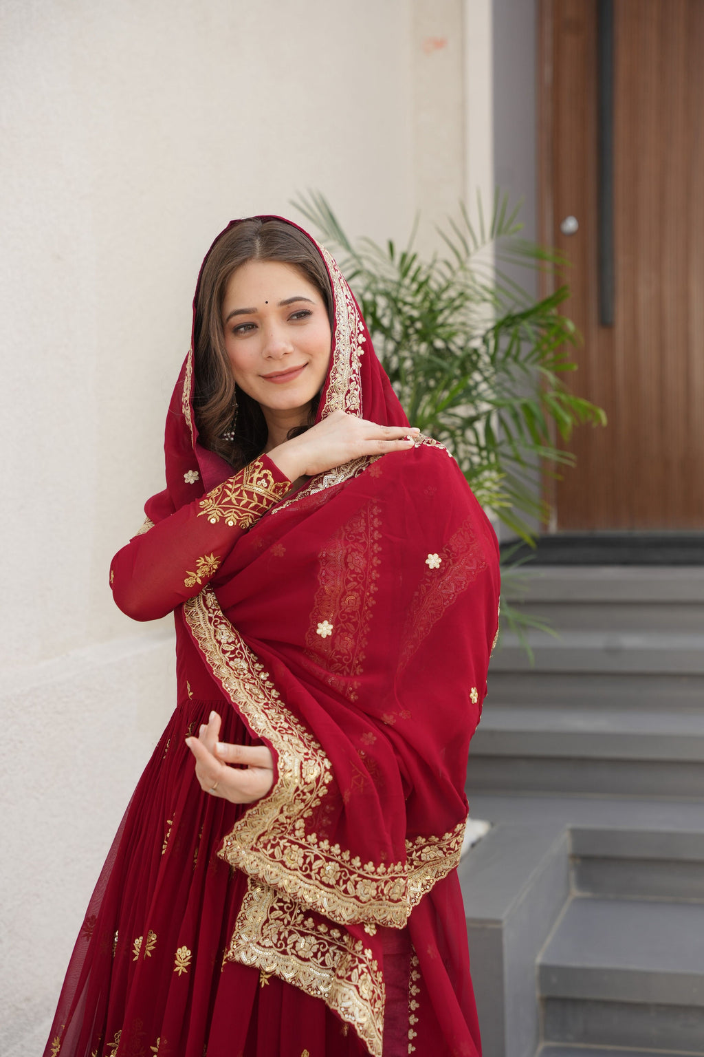 Vedant Vastram Georgette Embroidery & Sequence Work Stitched Ethnic Gown-Maroon - Distacart