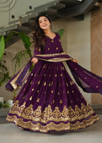 Vedant Vastram Georgette Embroidery & Sequence Work Stitched Ethnic Gown-Purple - Distacart