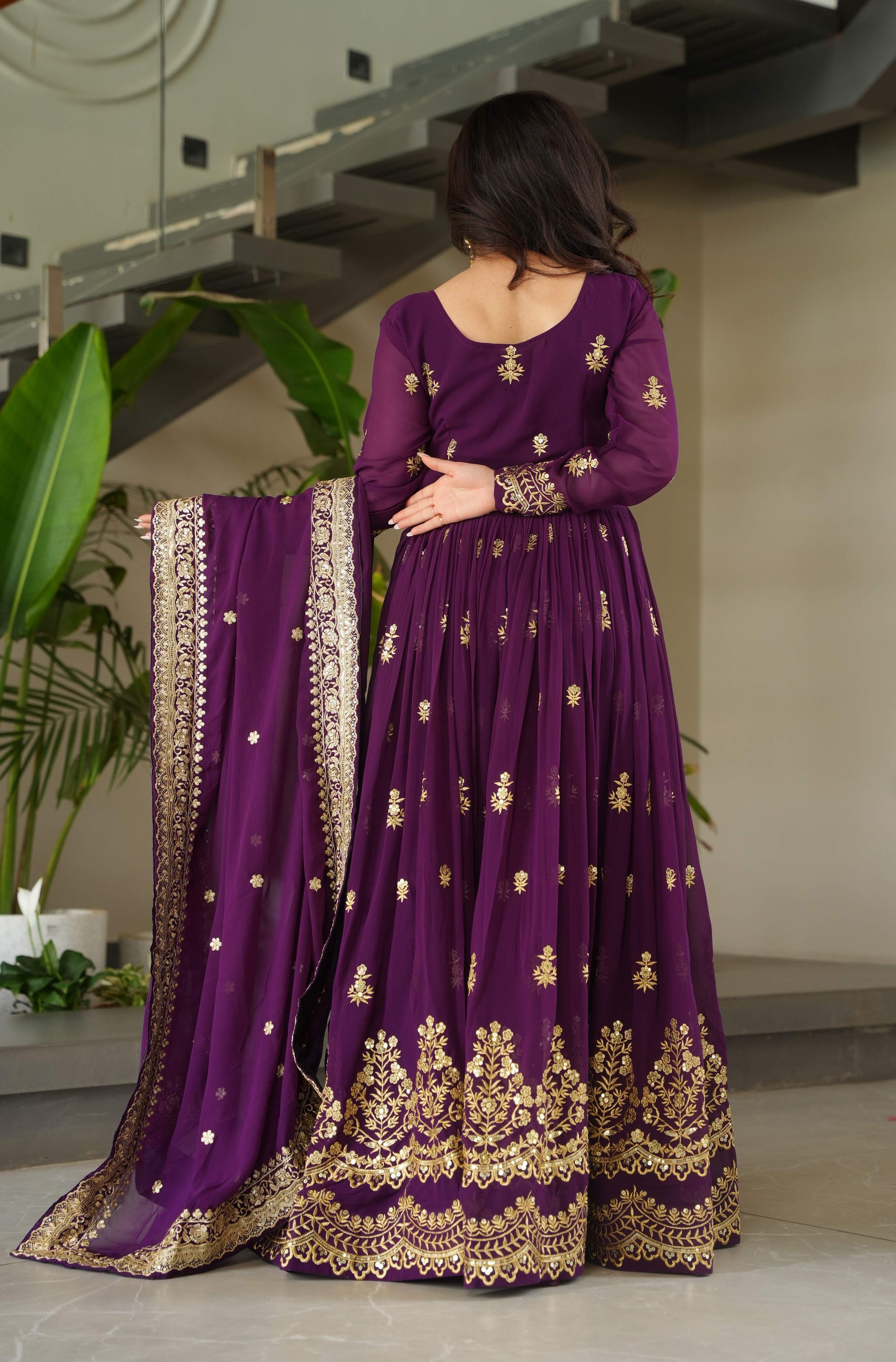 Vedant Vastram Georgette Embroidery & Sequence Work Stitched Ethnic Gown-Purple - Distacart