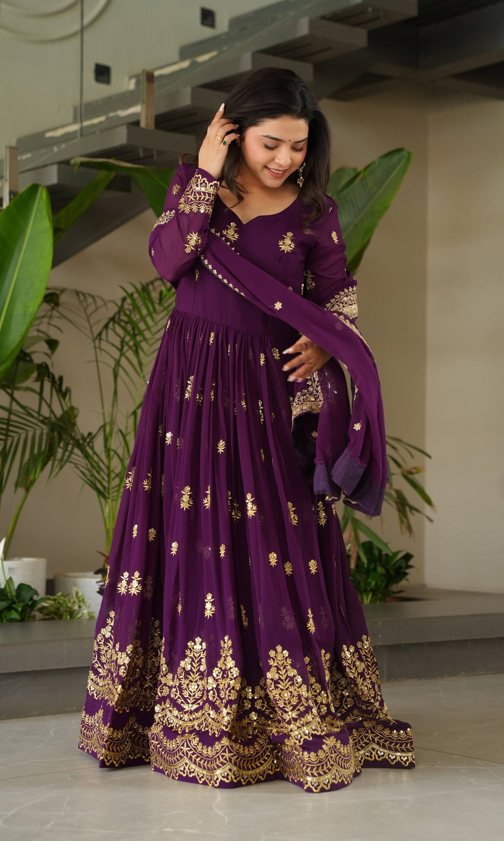 Vedant Vastram Georgette Embroidery & Sequence Work Stitched Ethnic Gown-Purple - Distacart
