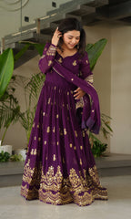 Vedant Vastram Georgette Embroidery & Sequence Work Stitched Ethnic Gown-Purple - Distacart