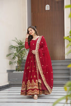 Prazu Fashion Maroon Georgette With Rich Zari & Sequins Embroidered Gown With Dupatta. - Distacart