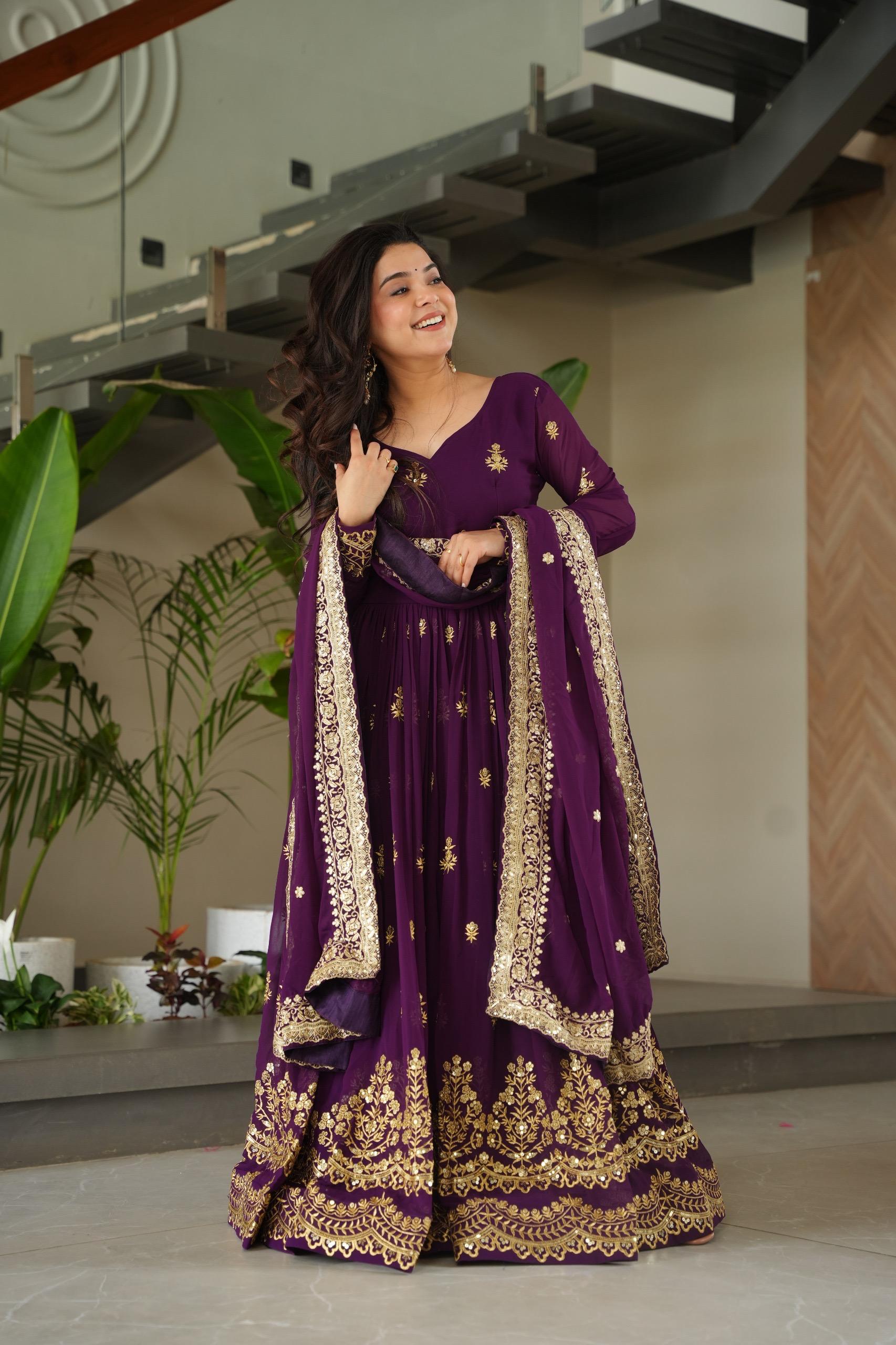 Prazu Fashion Purple Georgette With Rich Zari & Sequins Embroidered Gown With Dupatta. - Distacart