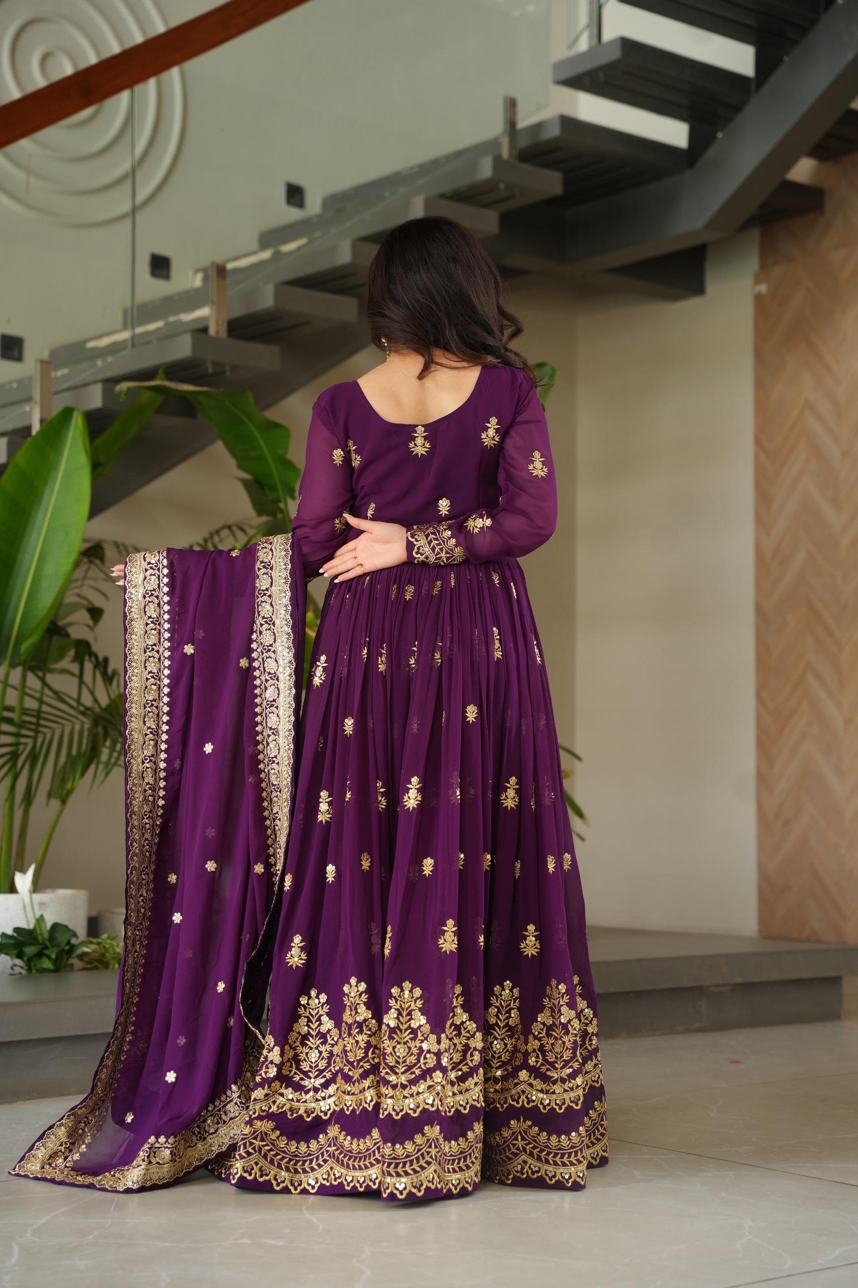 Prazu Fashion Purple Georgette With Rich Zari & Sequins Embroidered Gown With Dupatta. - Distacart