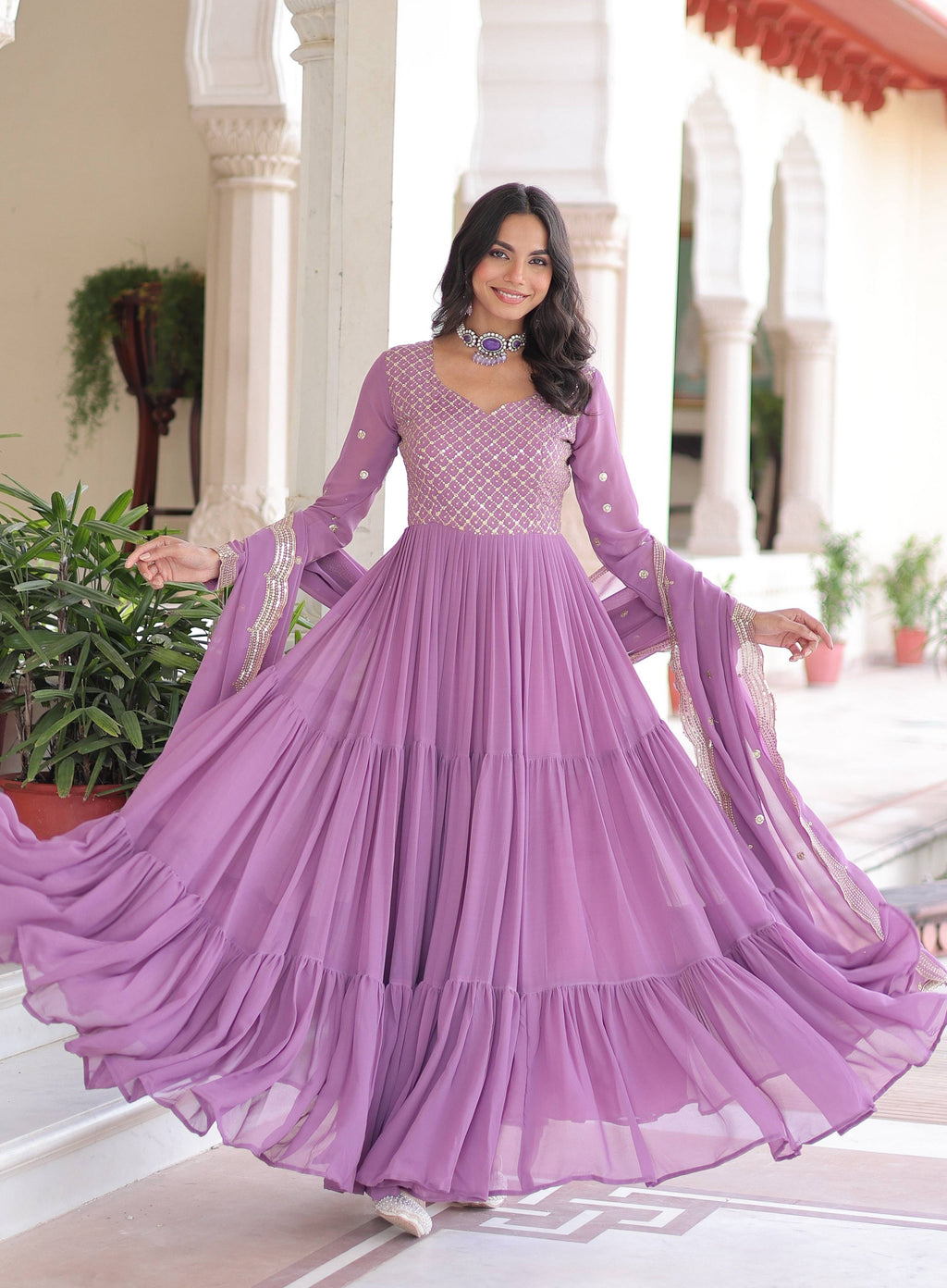 Vedant Vastram Georgette Embroidery & Sequence Work Stitched Ethnic Gown-Purple - Distacart