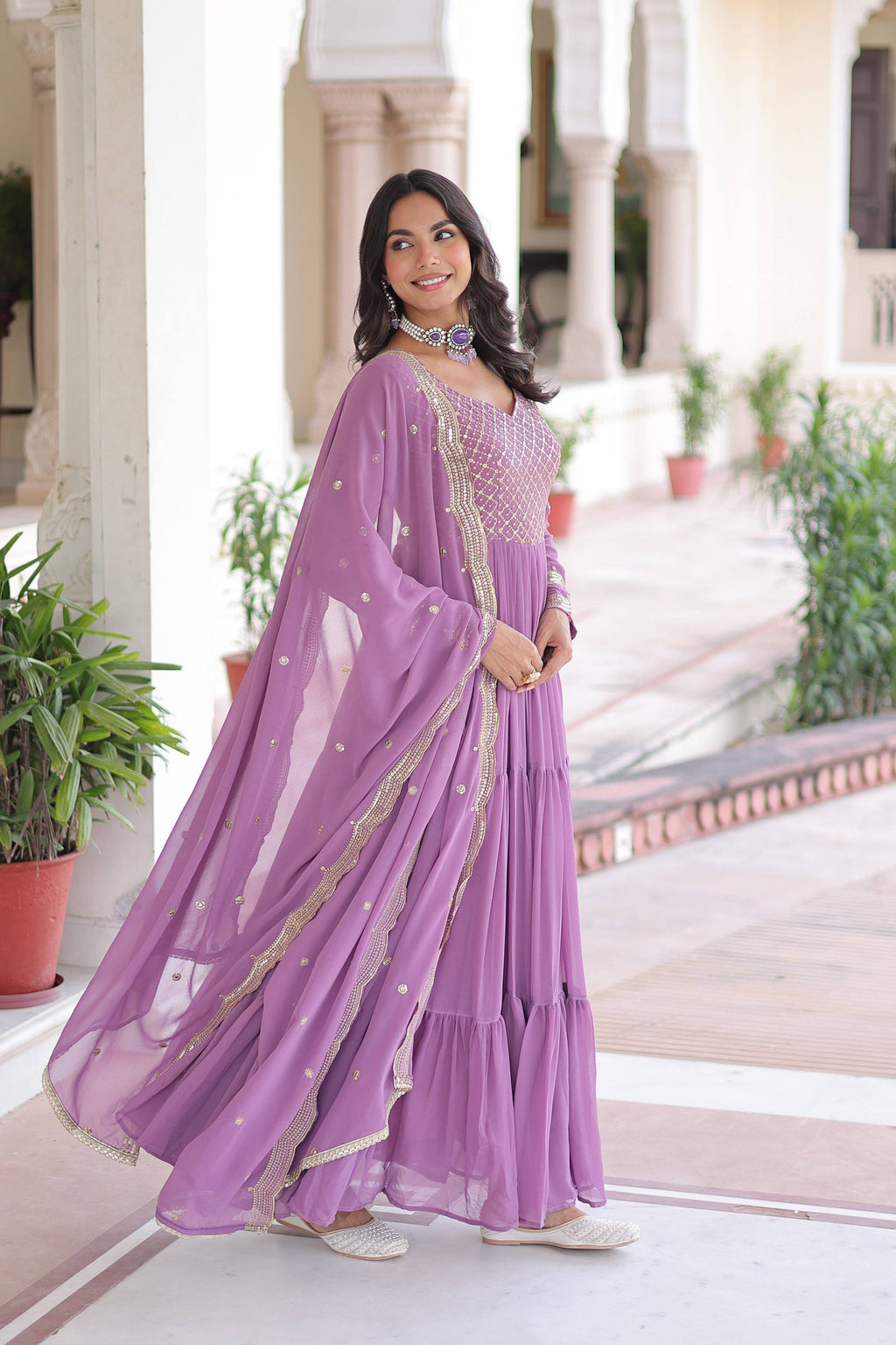 Vedant Vastram Georgette Embroidery & Sequence Work Stitched Ethnic Gown-Purple - Distacart