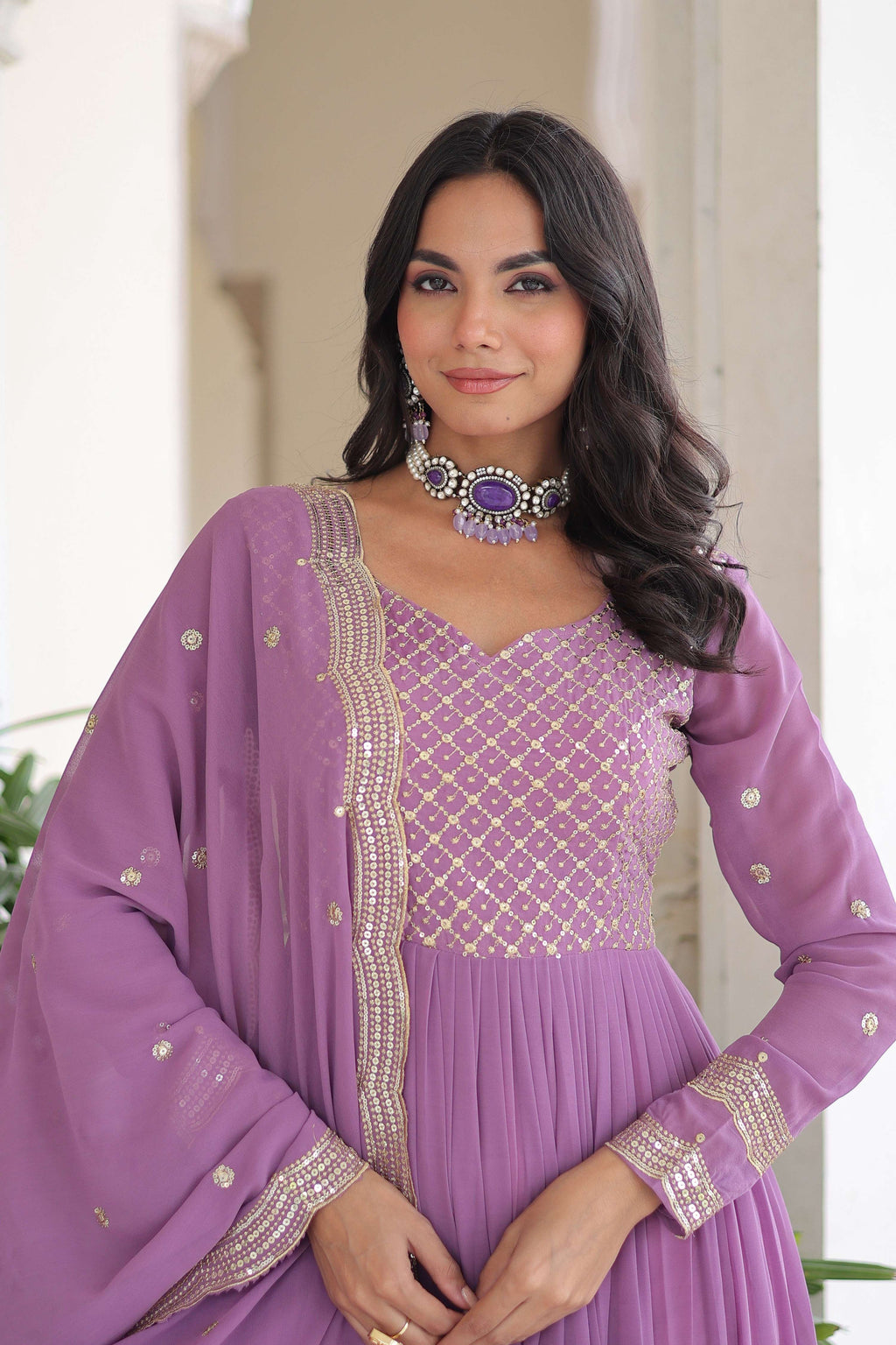 Vedant Vastram Georgette Embroidery & Sequence Work Stitched Ethnic Gown-Purple - Distacart