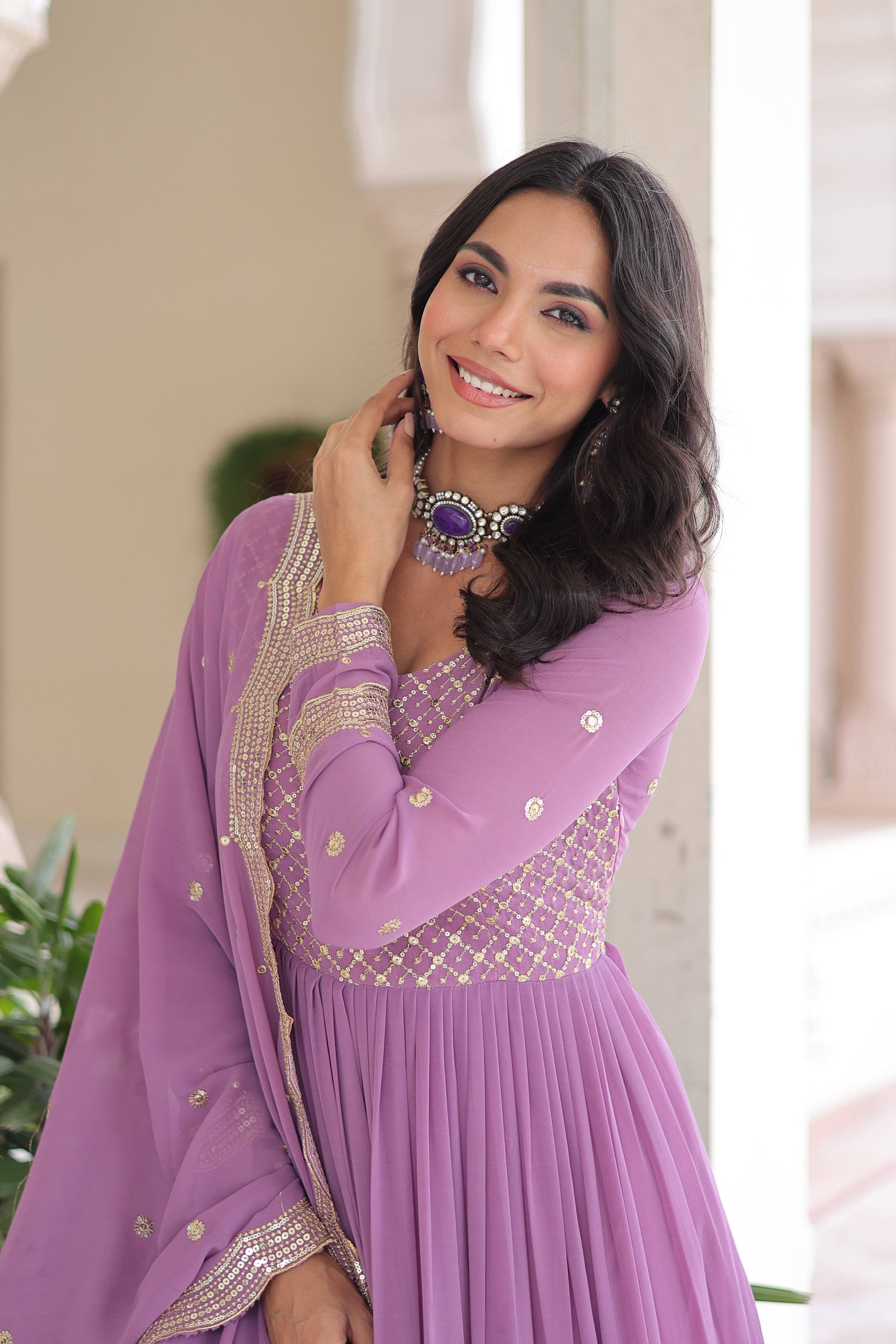 Vedant Vastram Georgette Embroidery & Sequence Work Stitched Ethnic Gown-Purple - Distacart