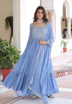 Vedant Vastram Georgette Embroidery & Sequence Work Stitched Ethnic Gown-Sky Blue - Distacart