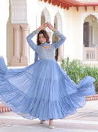 Vedant Vastram Georgette Embroidery & Sequence Work Stitched Ethnic Gown-Sky Blue - Distacart