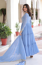 Vedant Vastram Georgette Embroidery & Sequence Work Stitched Ethnic Gown-Sky Blue - Distacart