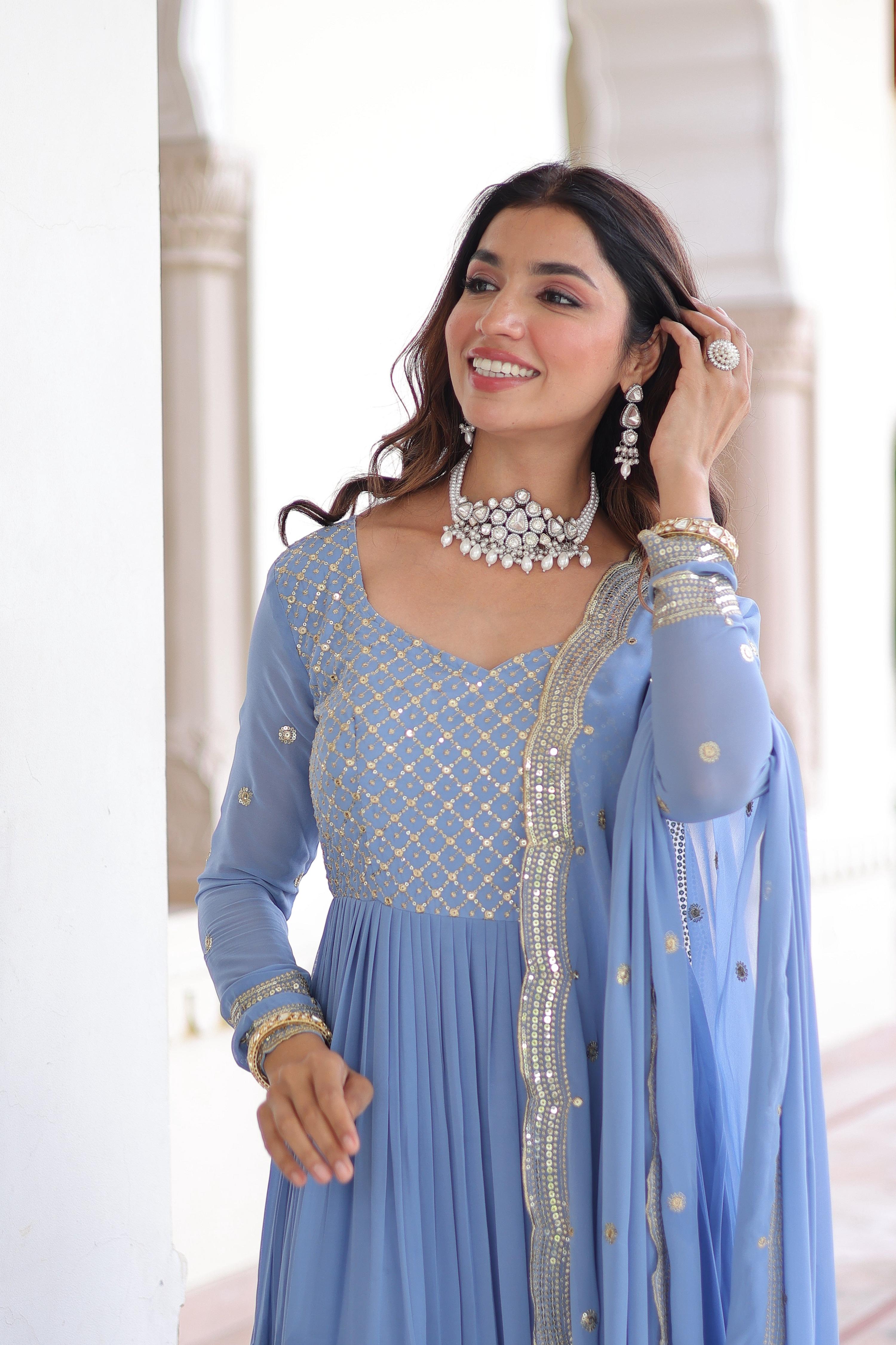 Vedant Vastram Georgette Embroidery & Sequence Work Stitched Ethnic Gown-Sky Blue - Distacart