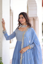 Vedant Vastram Georgette Embroidery & Sequence Work Stitched Ethnic Gown-Sky Blue - Distacart
