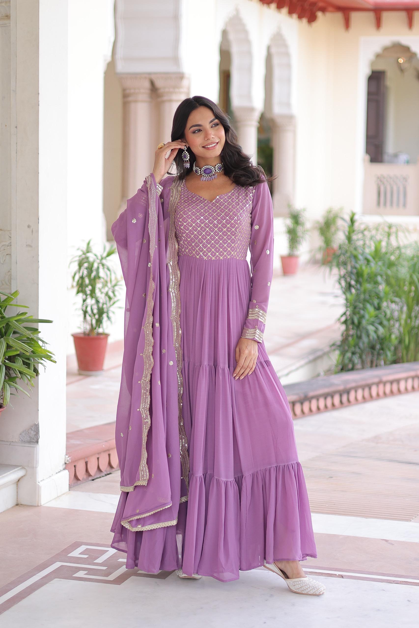 Prazu Fashion Onion Pink Faux Georgette With Sequins & Zari Embroidered Gown With Dupatta - Distacart